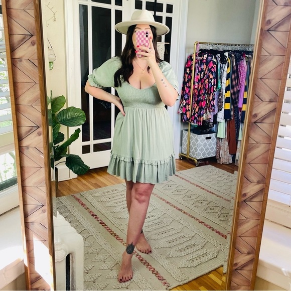 Altar'd State Sage Green Puff Sleeve Smocked Mini Dress - Picture 2 of 8